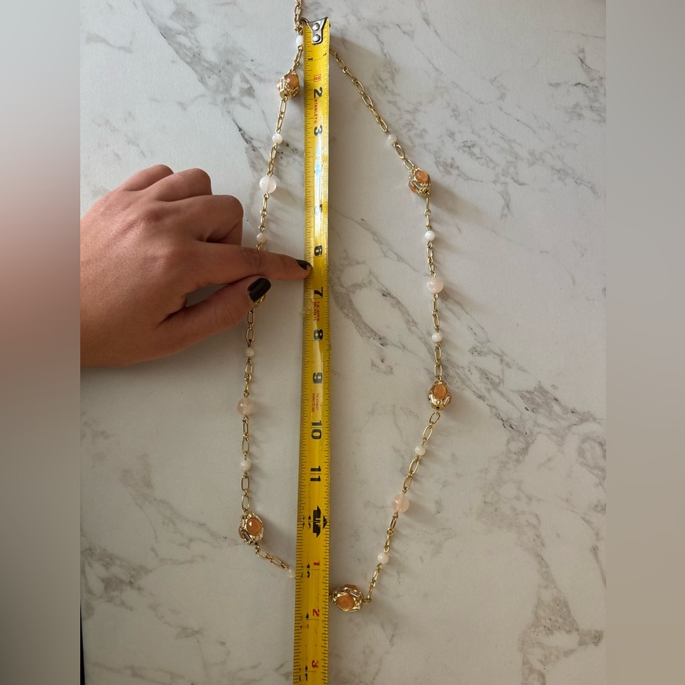 Talbots Gold-Tone Station Bead & Stone Necklace with Amber & Pearl-Tone Accents - Picture 9 of 13